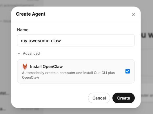 Create Agent modal with Install OpenClaw enabled