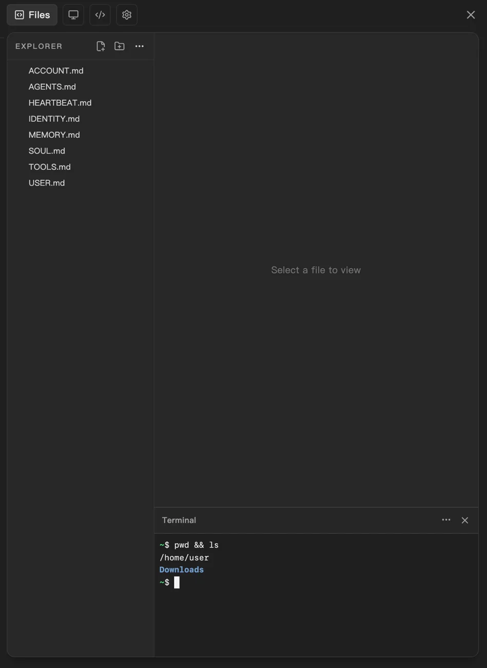 The Files view of a Cue Computer, with the agent's files on the left and a terminal below