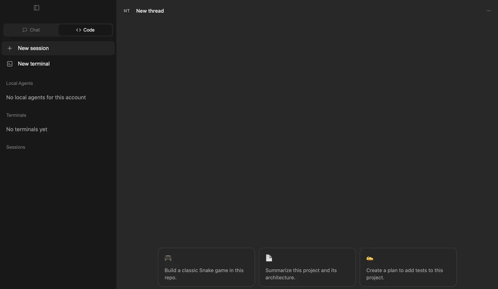 Cue Desktop in Code mode, with New session, New terminal, Local Agents and Sessions in the sidebar
