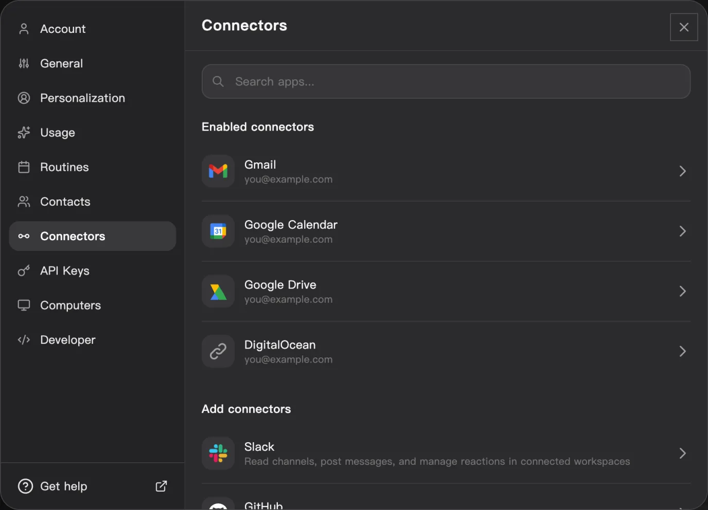 Settings, Connectors, with Gmail, Google Calendar, Google Drive and DigitalOcean enabled, and Slack and GitHub ready to add
