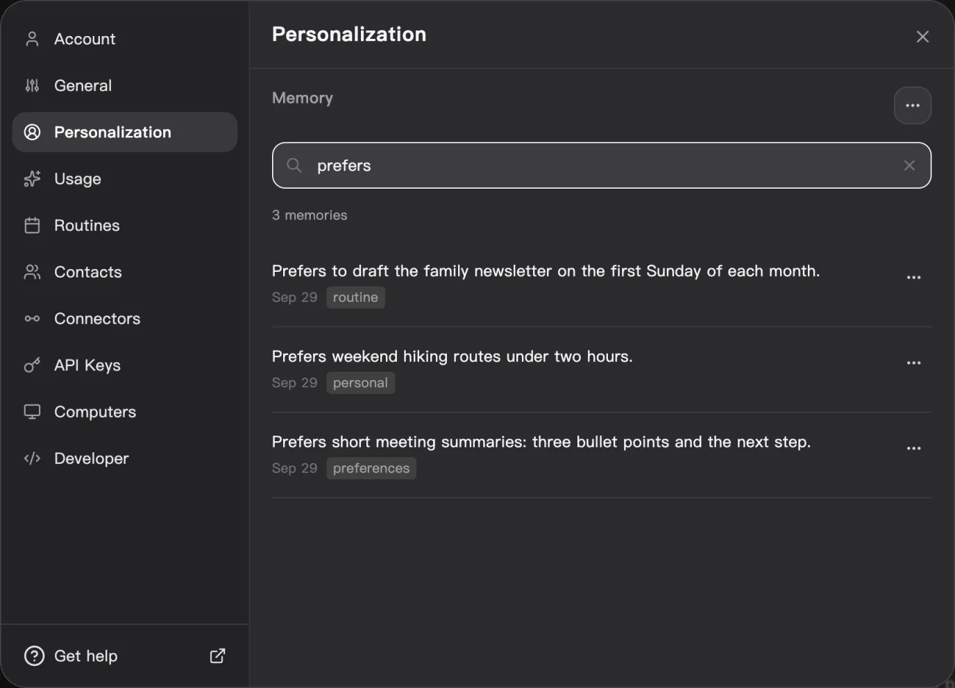 Memory in Personalization settings, with a search for prefers showing three saved preferences